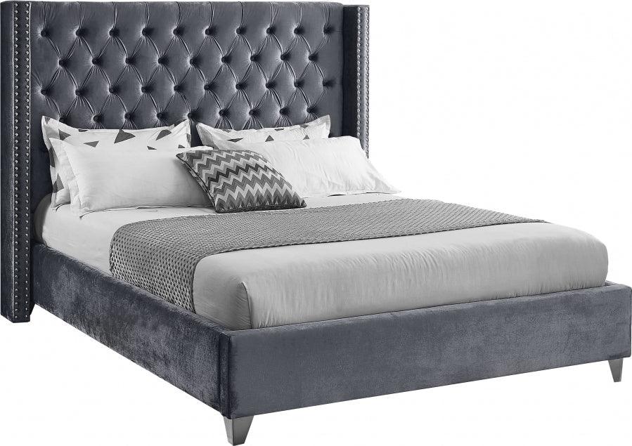 Aiden Velvet Queen Bed In Grey - ATL FURNITURE