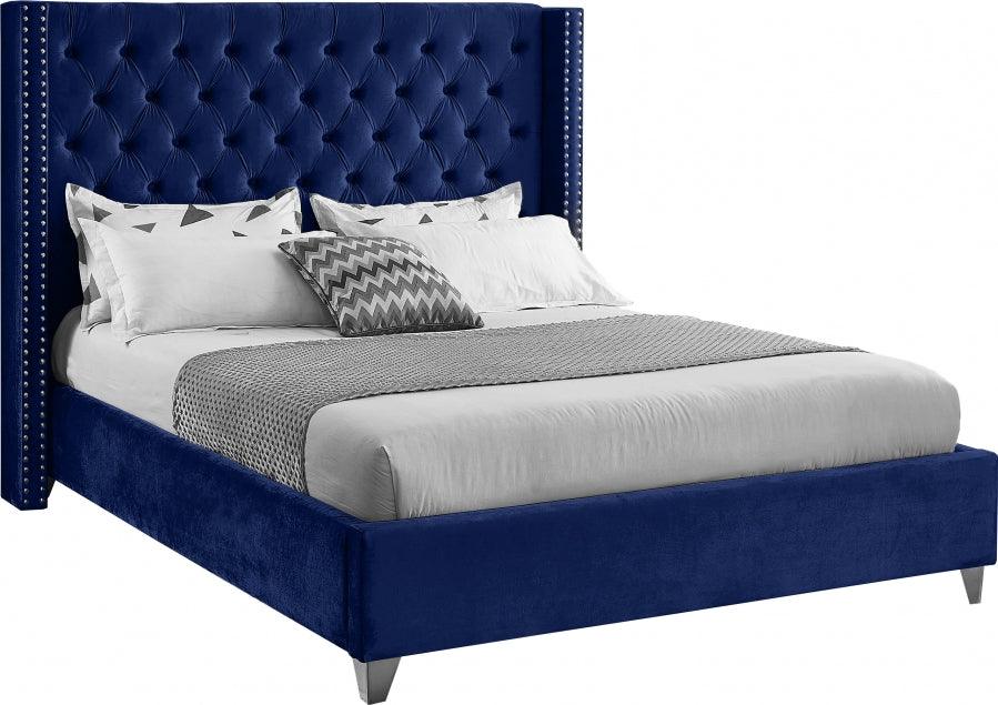 Aiden Velvet Queen Bed In Navy - ATL FURNITURE