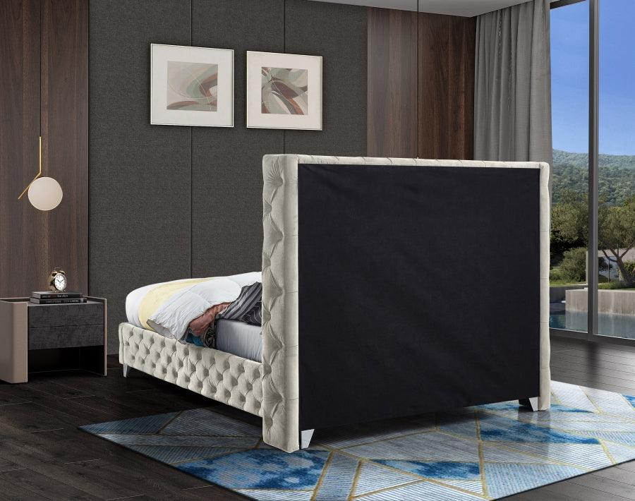 Meridian Furniture - Savan Velvet Queen Bed In Cream - Savancream-Q - ATL FURNITURE
