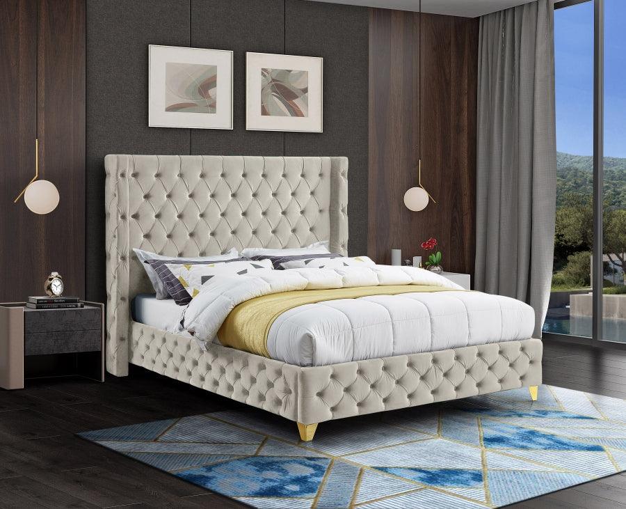 Meridian Furniture - Savan Velvet Queen Bed In Cream - Savancream-Q - ATL FURNITURE