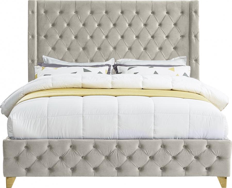 Meridian Furniture - Savan Velvet Queen Bed In Cream - Savancream-Q - ATL FURNITURE