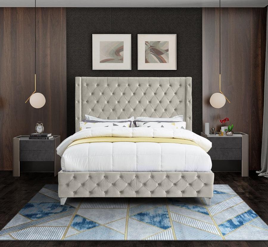 Meridian Furniture - Savan Velvet Queen Bed In Cream - Savancream-Q - ATL FURNITURE