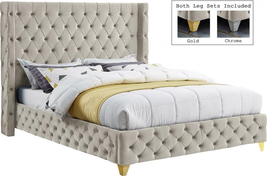Meridian Furniture - Savan Velvet Queen Bed In Cream - Savancream-Q - ATL FURNITURE
