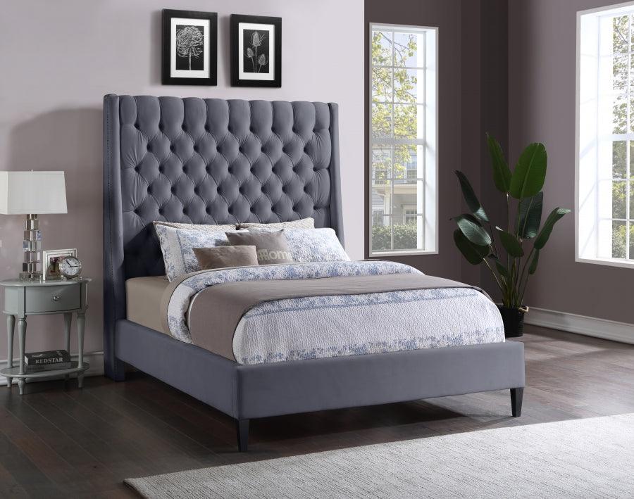 Fritz Velvet Queen Bed In Grey - Fritzgrey-Q - ATL FURNITURE