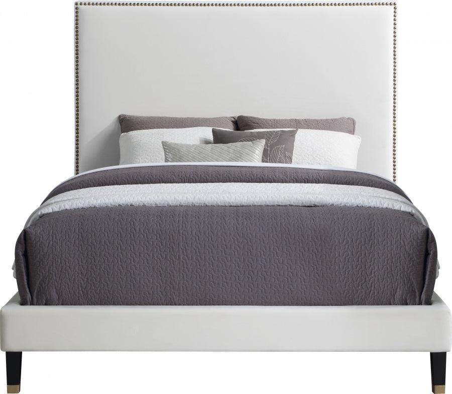 Meridian Furniture - Harlie Velvet Queen Bed In Cream - Harliecream-Q - ATL FURNITURE