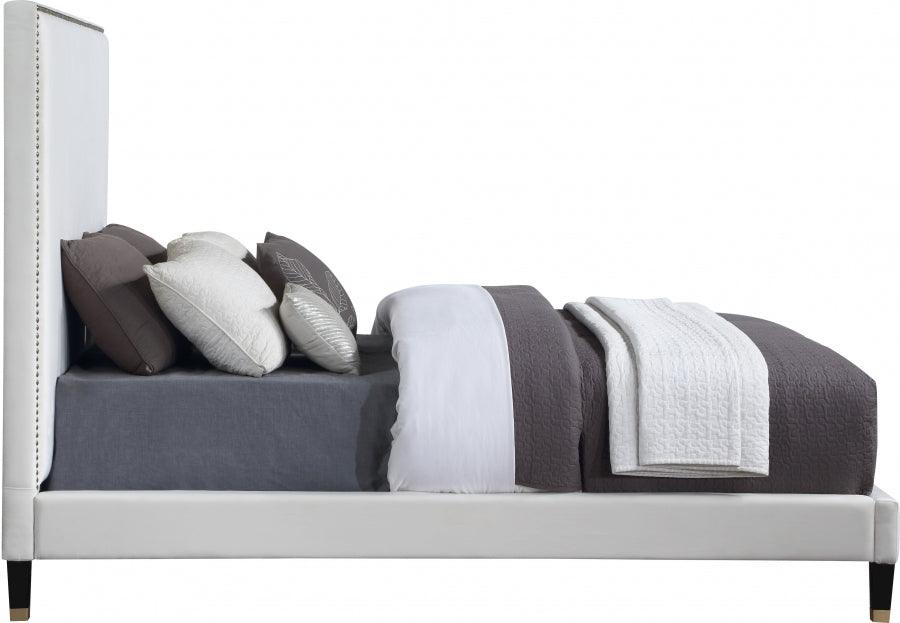 Meridian Furniture - Harlie Velvet Queen Bed In Cream - Harliecream-Q - ATL FURNITURE