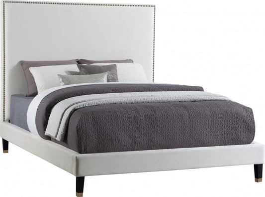 Harlie Velvet King Bed In Cream - Harliecream-K - ATL FURNITURE