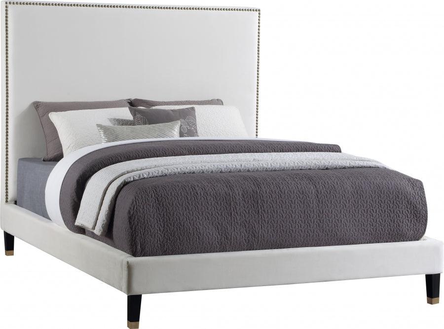 Meridian Furniture - Harlie Velvet Queen Bed In Cream - Harliecream-Q - ATL FURNITURE