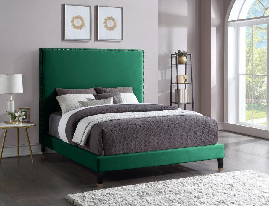 Meridian Furniture - Harlie Velvet Queen Bed In Green - Harliegreen-Q - ATL FURNITURE