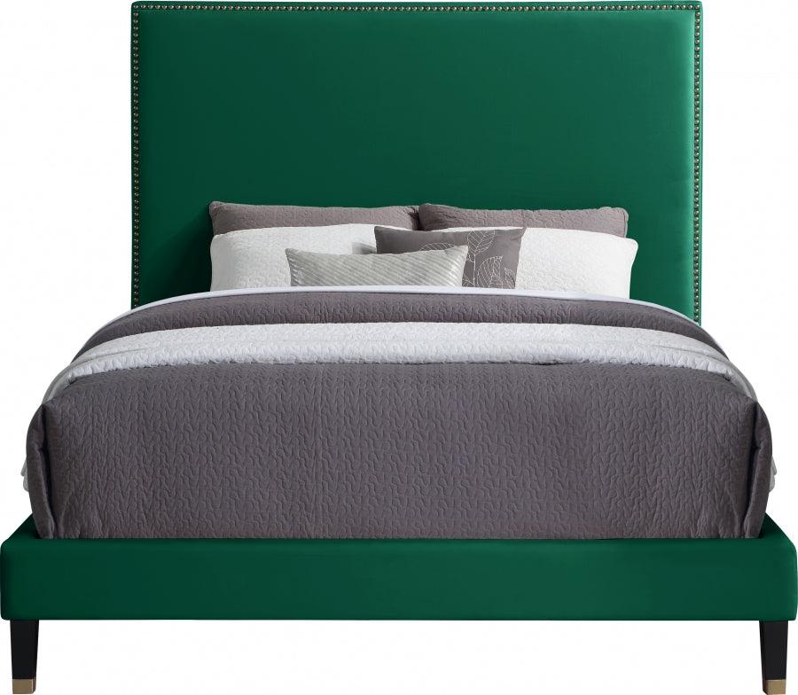 Meridian Furniture - Harlie Velvet Queen Bed In Green - Harliegreen-Q - ATL FURNITURE