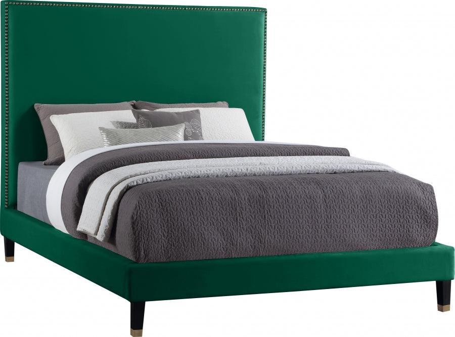 Meridian Furniture - Harlie Velvet Queen Bed In Green - Harliegreen-Q - ATL FURNITURE