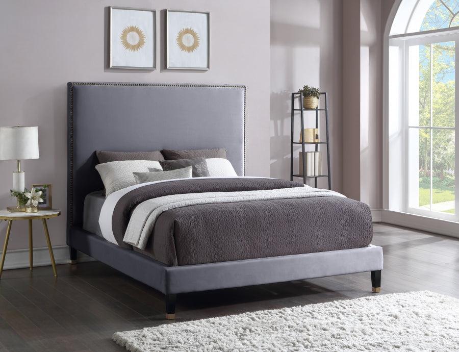 Meridian Furniture - Harlie Velvet Queen Bed In Grey - Harliegrey-Q - ATL FURNITURE