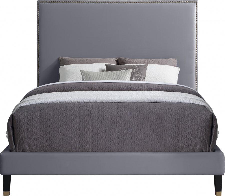 Meridian Furniture - Harlie Velvet Queen Bed In Grey - Harliegrey-Q - ATL FURNITURE