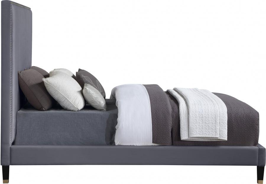 Meridian Furniture - Harlie Velvet Queen Bed In Grey - Harliegrey-Q - ATL FURNITURE