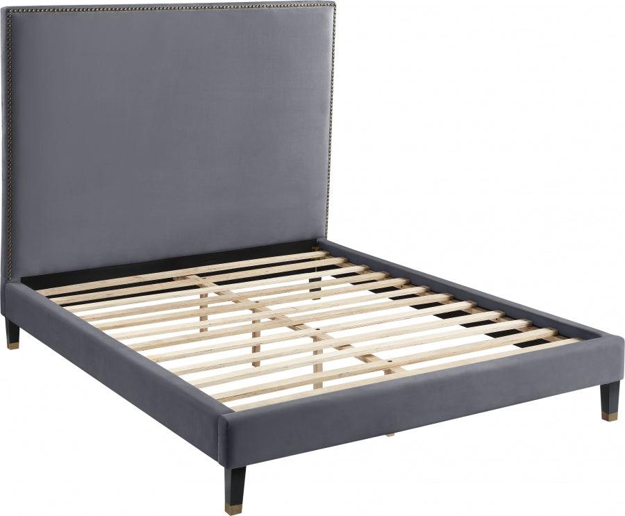 Meridian Furniture - Harlie Velvet Queen Bed In Grey - Harliegrey-Q - ATL FURNITURE