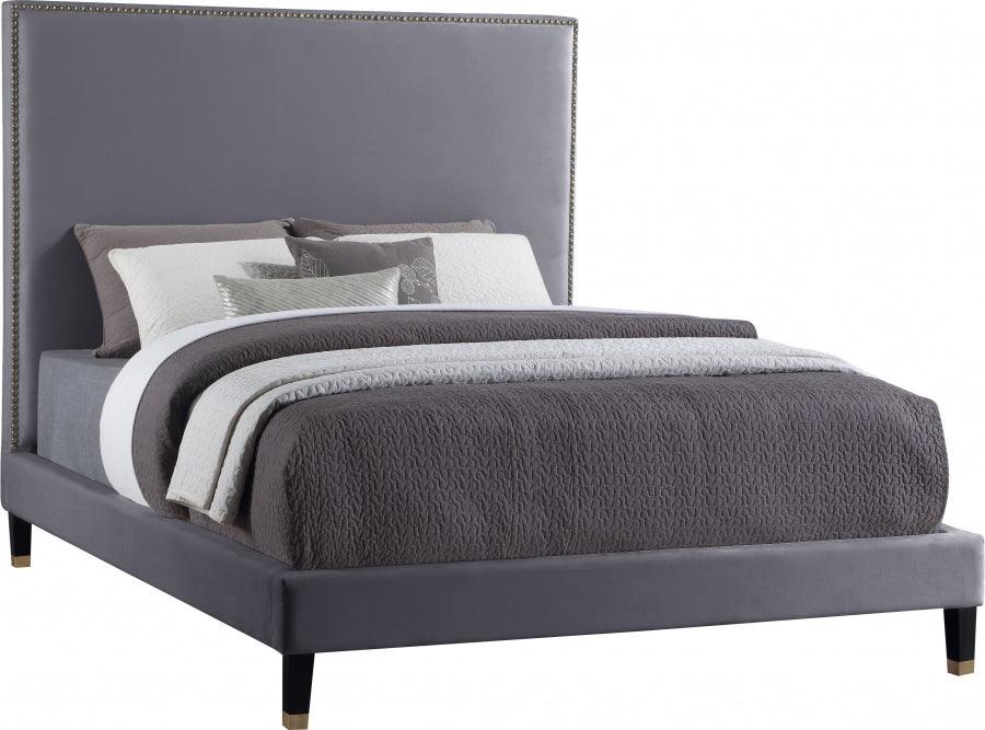 Meridian Furniture - Harlie Velvet Queen Bed In Grey - Harliegrey-Q - ATL FURNITURE