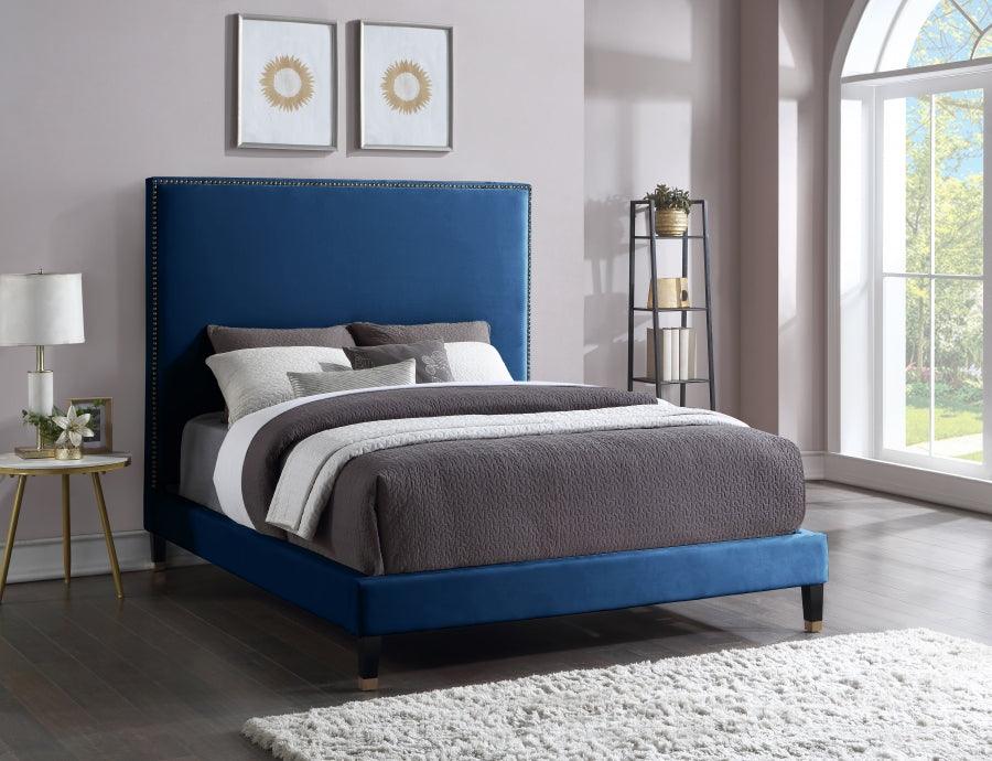 Meridian Furniture - Harlie Velvet Queen Bed In Navy - Harlienavy-Q - ATL FURNITURE