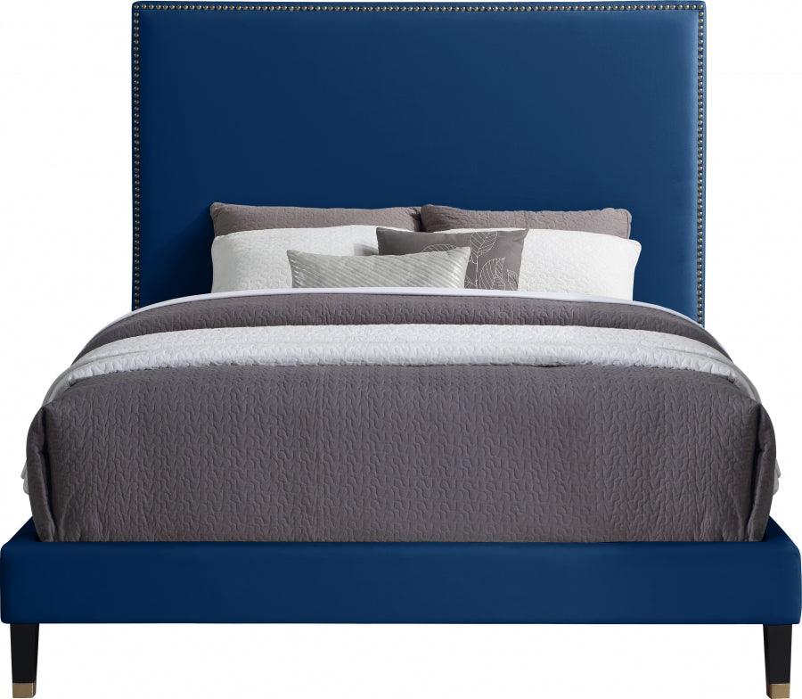 Meridian Furniture - Harlie Velvet Queen Bed In Navy - Harlienavy-Q - ATL FURNITURE