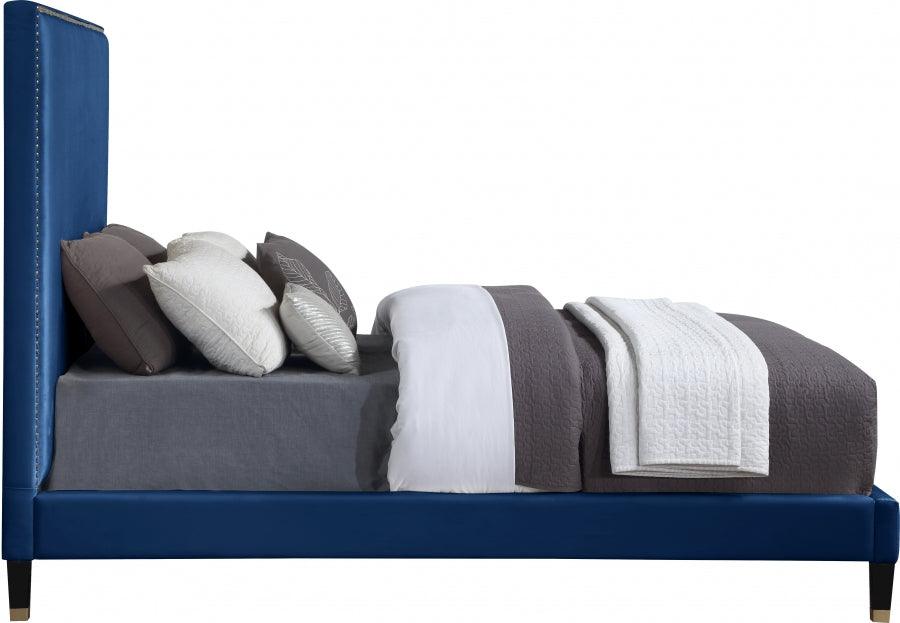 Meridian Furniture - Harlie Velvet Queen Bed In Navy - Harlienavy-Q - ATL FURNITURE