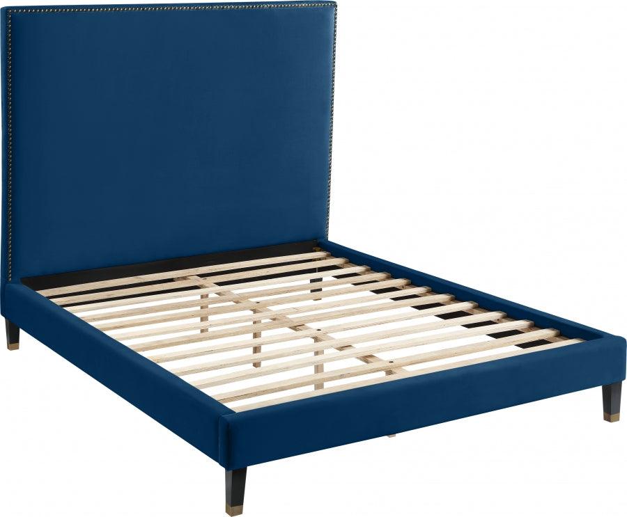 Meridian Furniture - Harlie Velvet Queen Bed In Navy - Harlienavy-Q - ATL FURNITURE