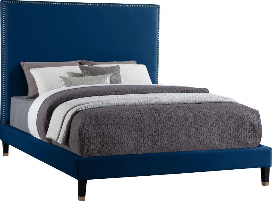 Meridian Furniture - Harlie Velvet Queen Bed In Navy - Harlienavy-Q - ATL FURNITURE