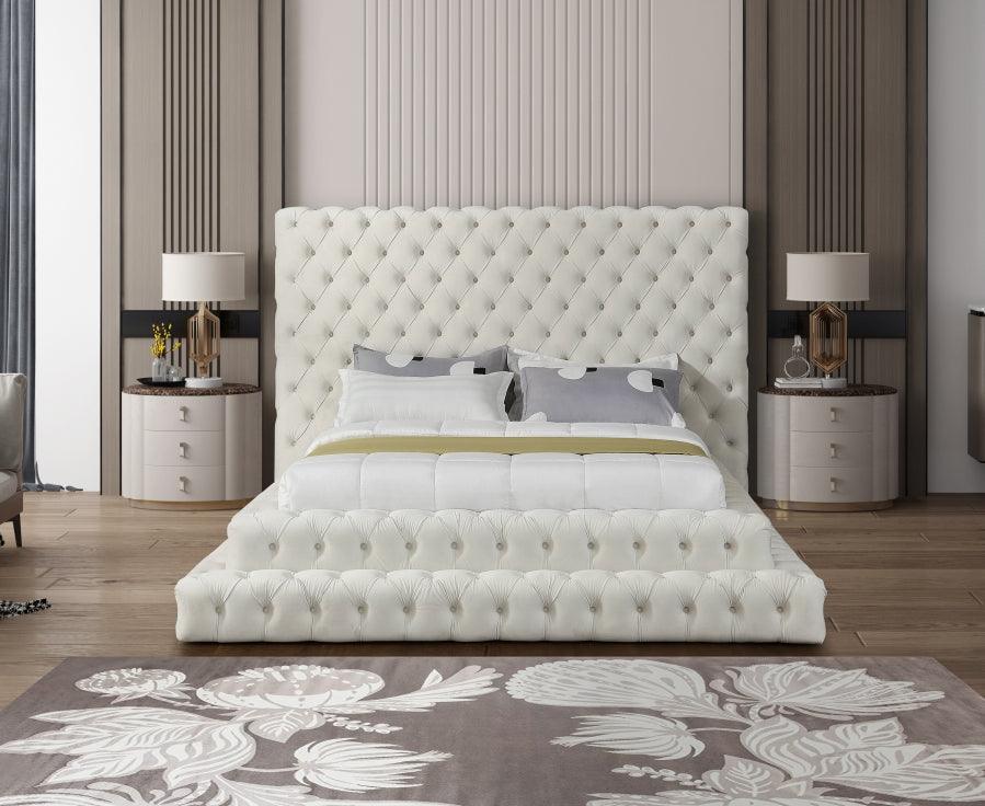 Revel Velvet Queen Bed In Cream - ATL FURNITURE