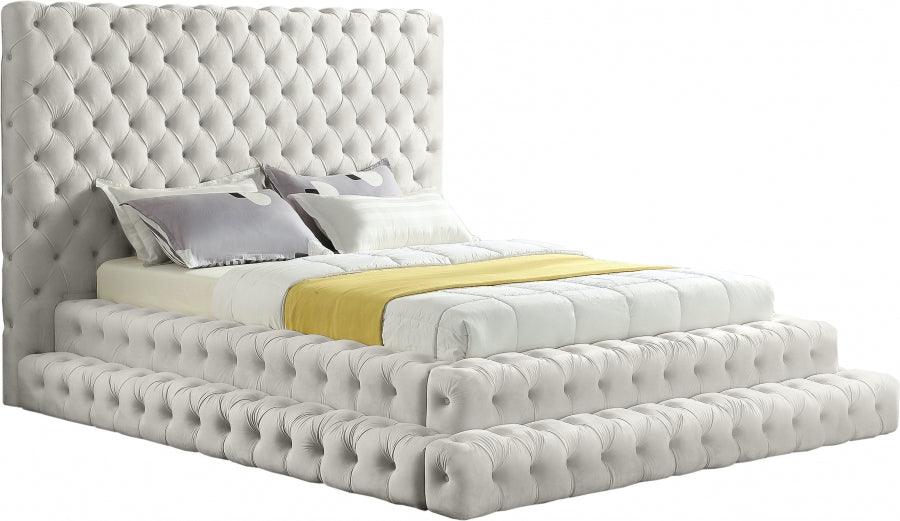 Revel Velvet Queen Bed In Cream - ATL FURNITURE