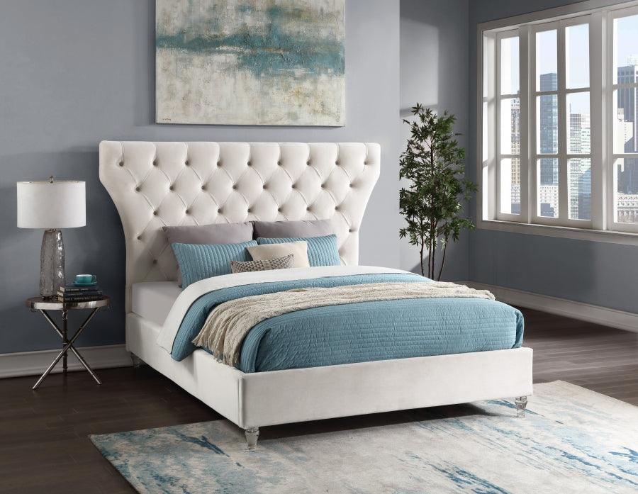 Kira Velvet Queen Bed In Cream - Kiracream-Q - ATL FURNITURE