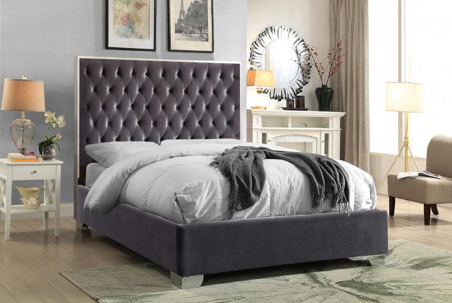 Meridian Furniture - Lexi Velvet Queen Bed In Grey - Lexigrey-Q - ATL FURNITURE