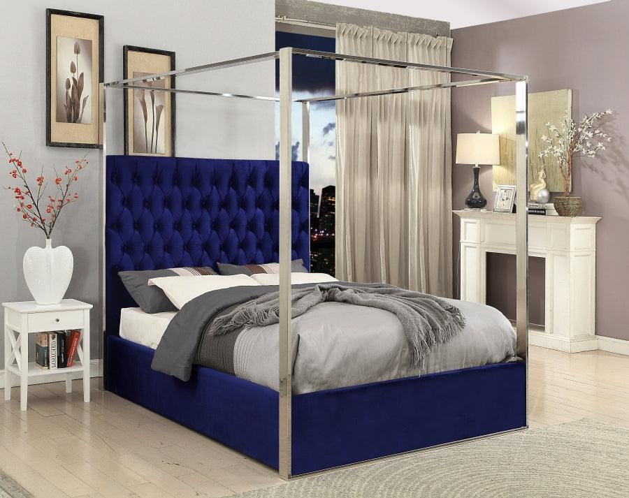 Meridian Furniture - Porter Velvet Queen Bed In Navy - Porternavy-Q - ATL FURNITURE