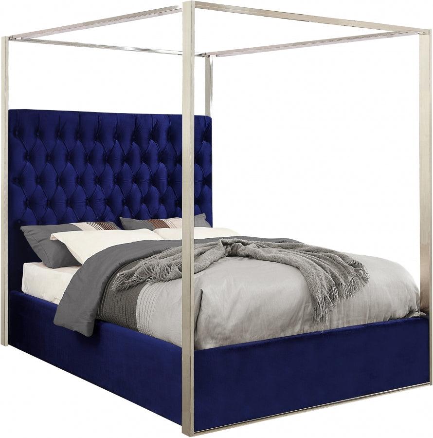 Meridian Furniture - Porter Velvet Queen Bed In Navy - Porternavy-Q - ATL FURNITURE