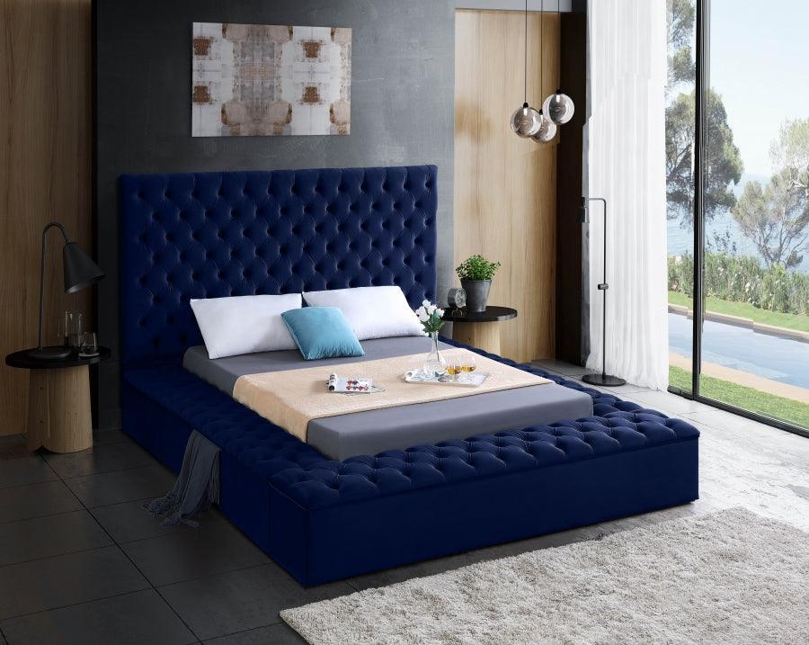 Bliss Velvet Queen Bed In Navy - ATL FURNITURE