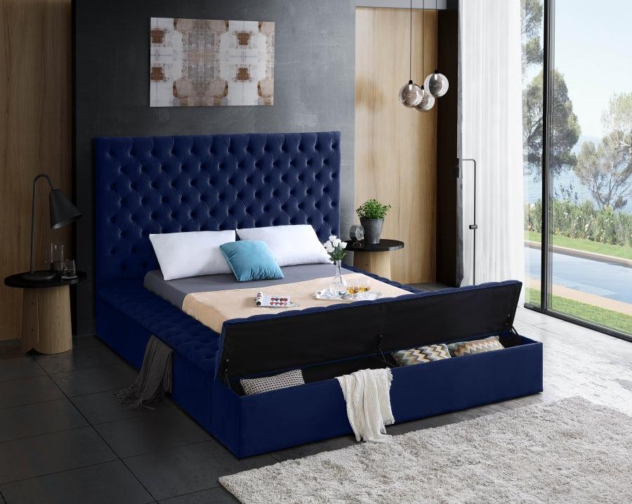 Bliss Velvet King Bed In Navy - ATL FURNITURE