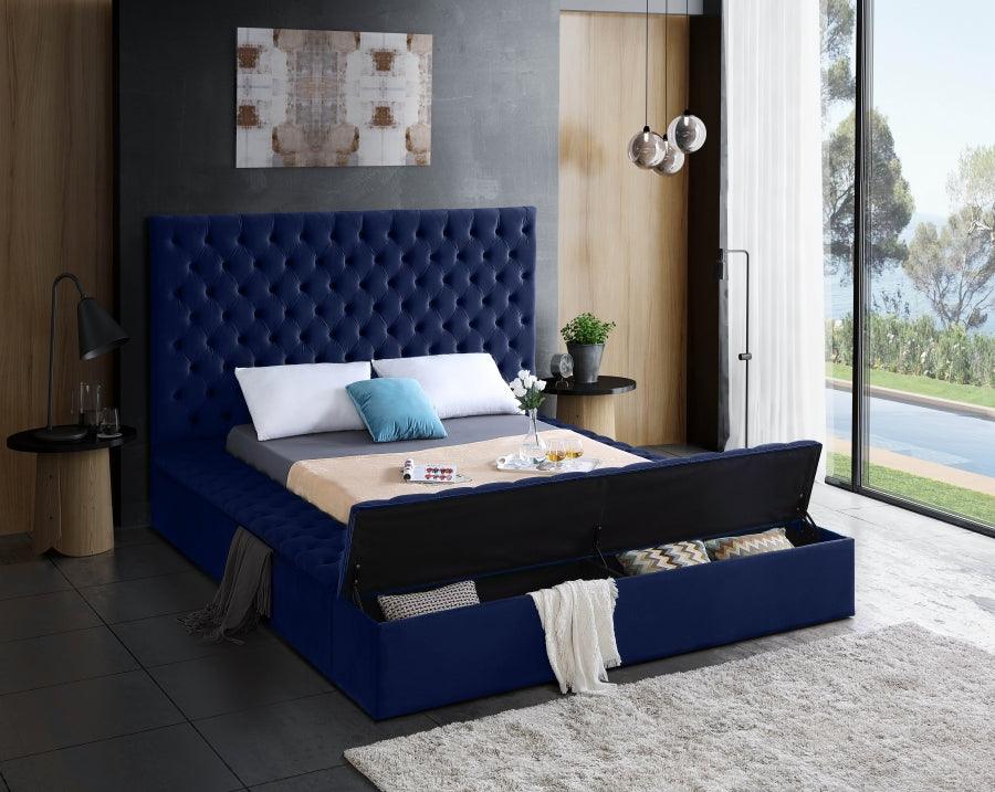Bliss Velvet Queen Bed In Navy - ATL FURNITURE