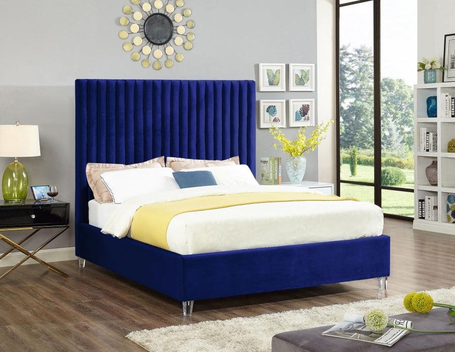 Candace Velvet Queen Bed In Navy - ATL FURNITURE