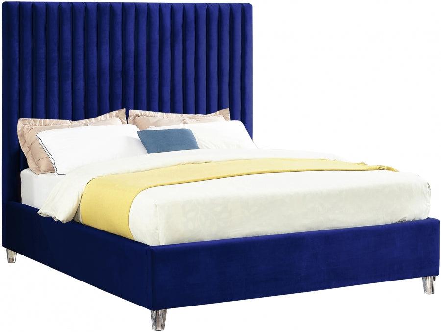 Candace Velvet Queen Bed In Navy - ATL FURNITURE