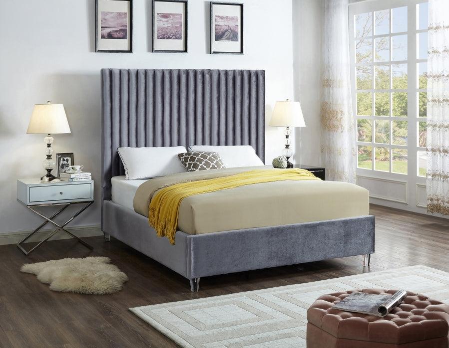 Candace Velvet Queen Bed In Grey - ATL FURNITURE