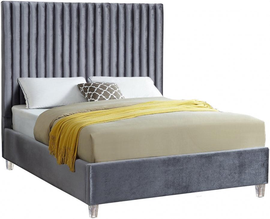 Candace Velvet Queen Bed In Grey - ATL FURNITURE