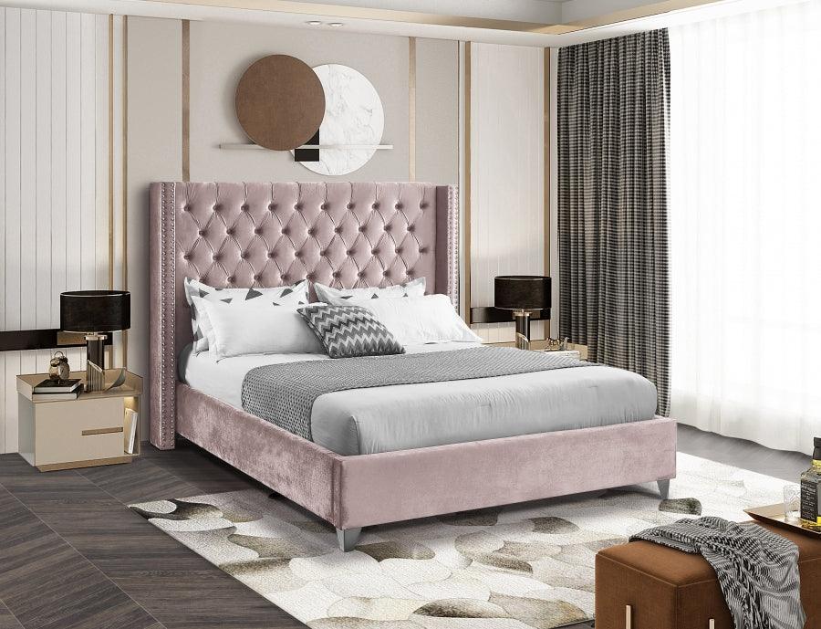 Aiden Velvet King Bed In Pink - ATL FURNITURE