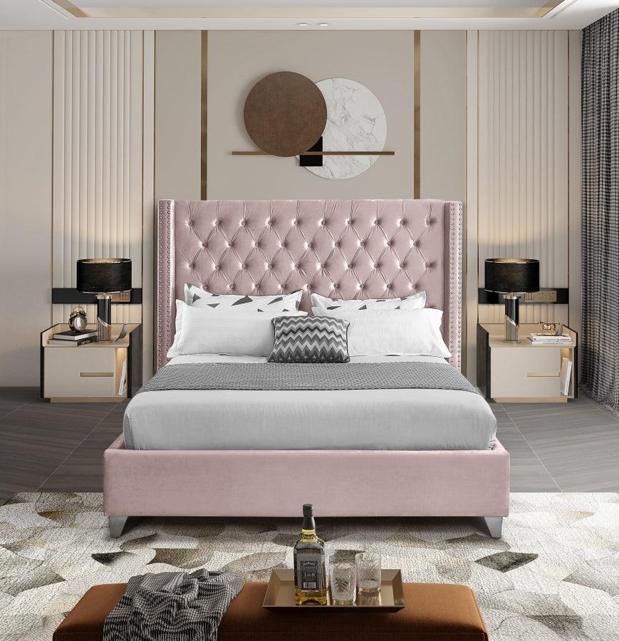 Aiden Velvet King Bed In Pink - ATL FURNITURE