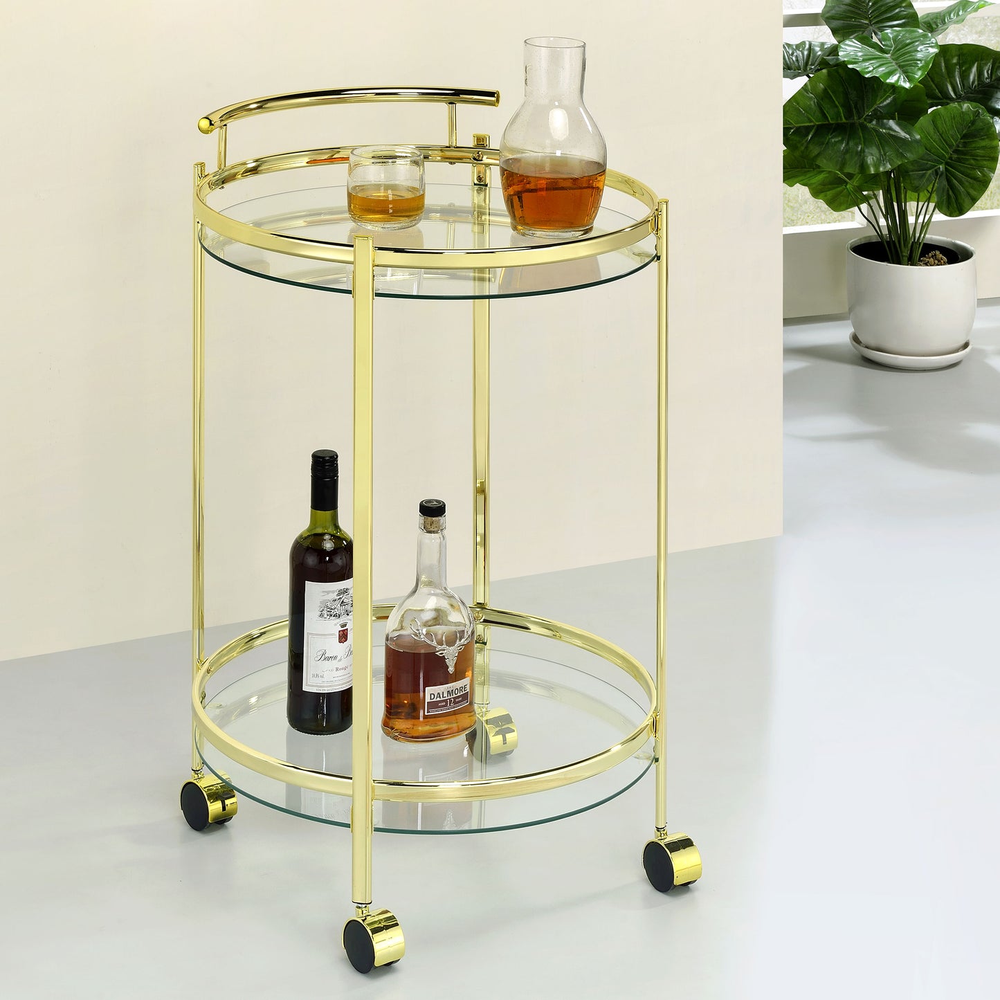 Chrissy 2-tier Round Glass Shelf Metal Bar Cart Brass