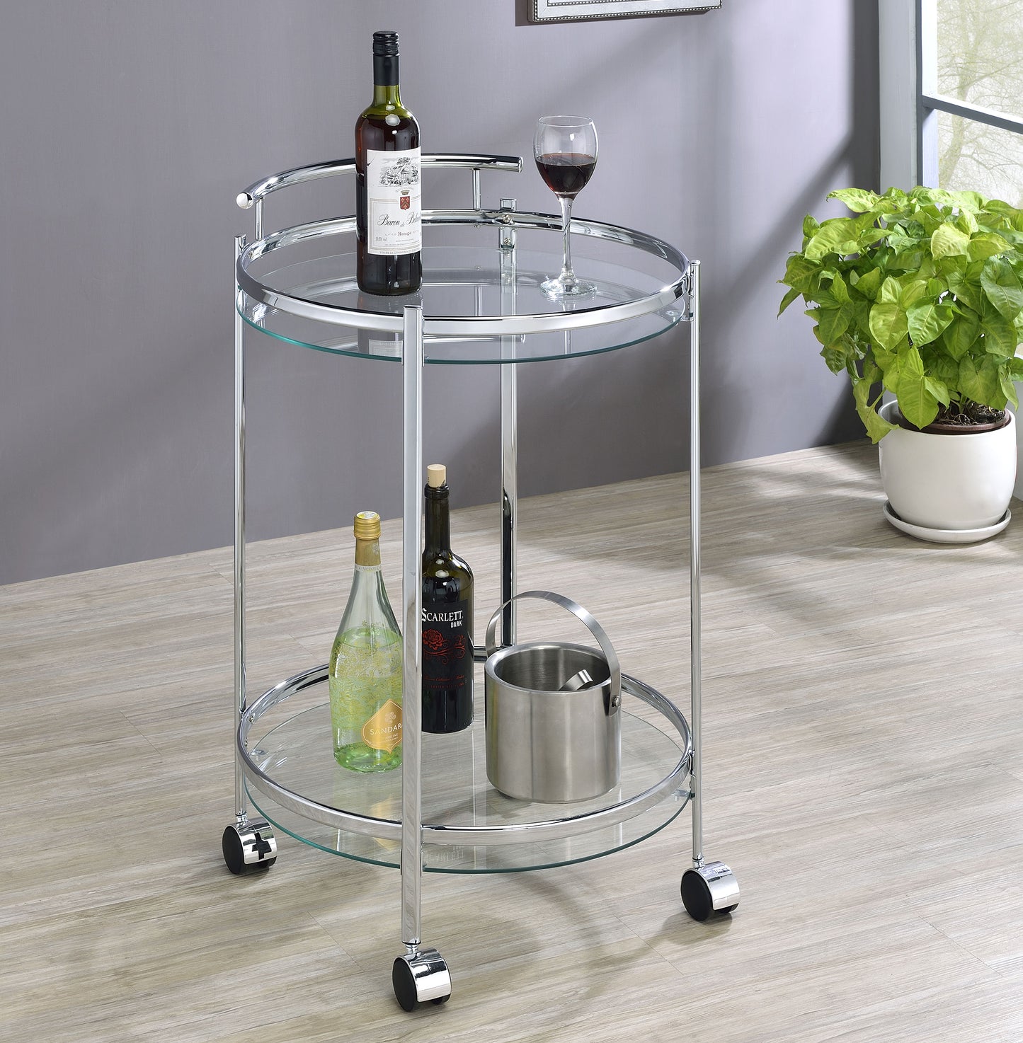 Chrissy Round Glass Shelf Metal Bar Cart Chrome