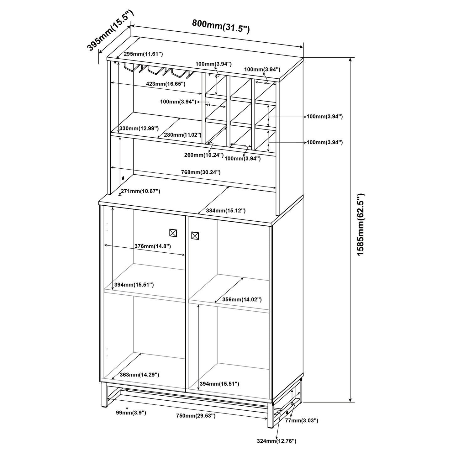 Mendoza 2-door Home Bar Cabinet Wine Storage Rustic Oak
