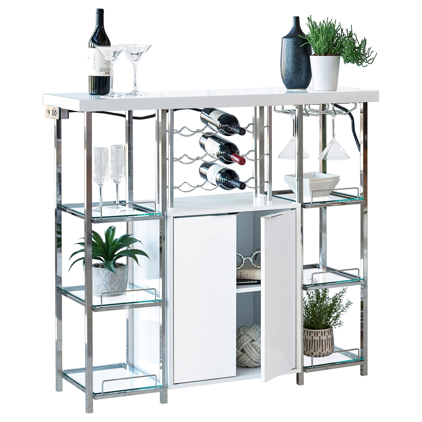 Gallimore 2-door Bar Cabinet with Glass Shelf High Glossy White and Chrome