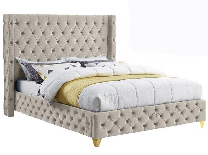 Meridian Furniture - Savan Velvet Queen Bed In Cream - Savancream-Q - ATL FURNITURE