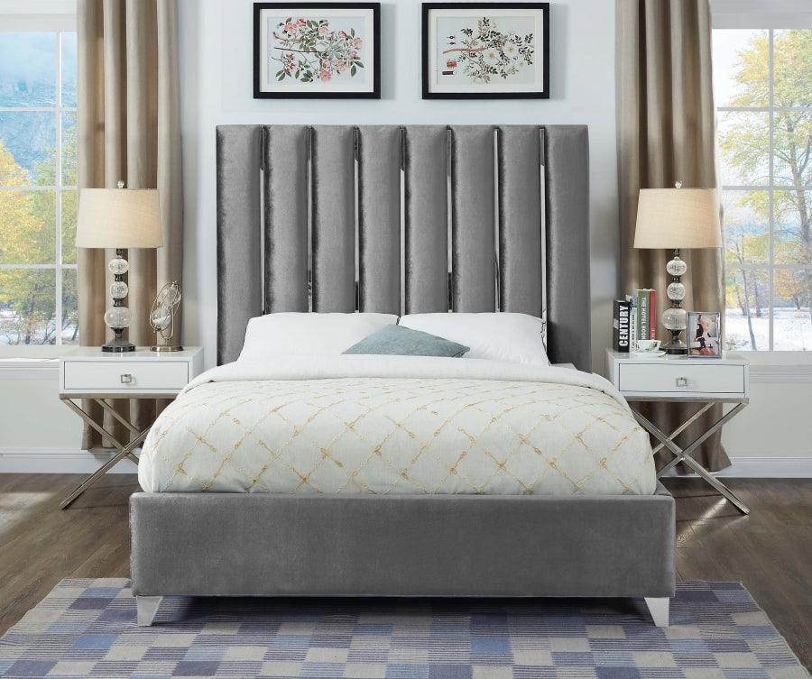 Enzo Velvet Queen Bed In Grey - Enzogrey-Q - ATL FURNITURE