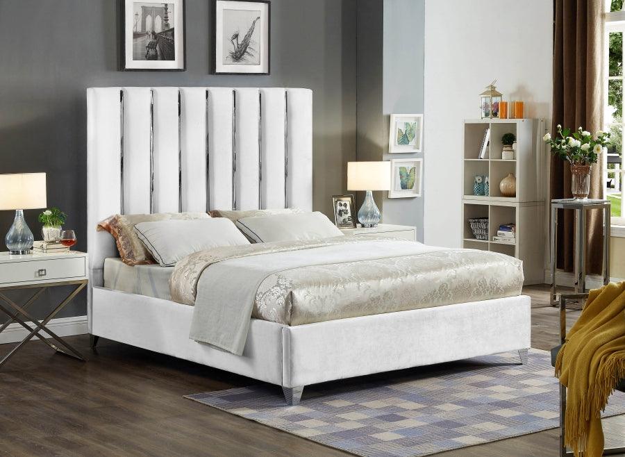 Enzo Velvet Queen Bed In White - Enzowhite-Q - ATL FURNITURE