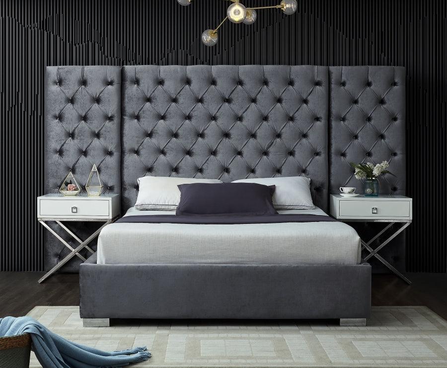Meridian Furniture - Grande Velvet Queen Bed In Grey - Grandegrey-Q - ATL FURNITURE