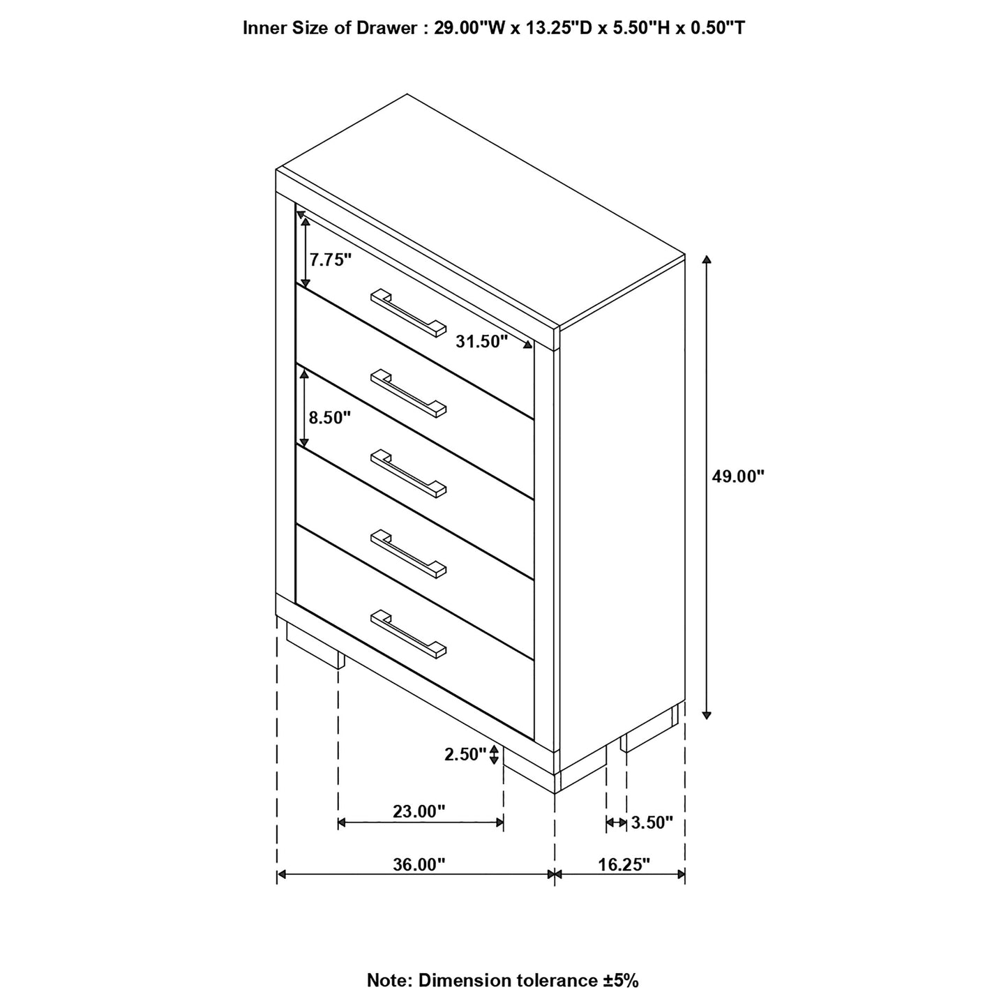 Jessica 5-drawer Bedroom Chest Cream White