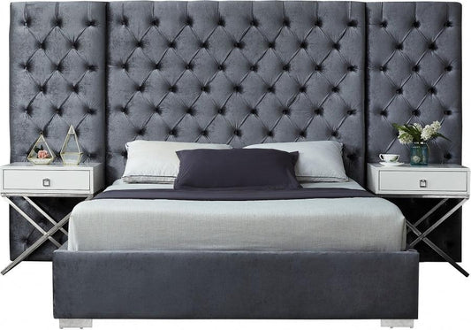 Grande Velvet King Bed In Grey - Grandegrey-K - ATL FURNITURE